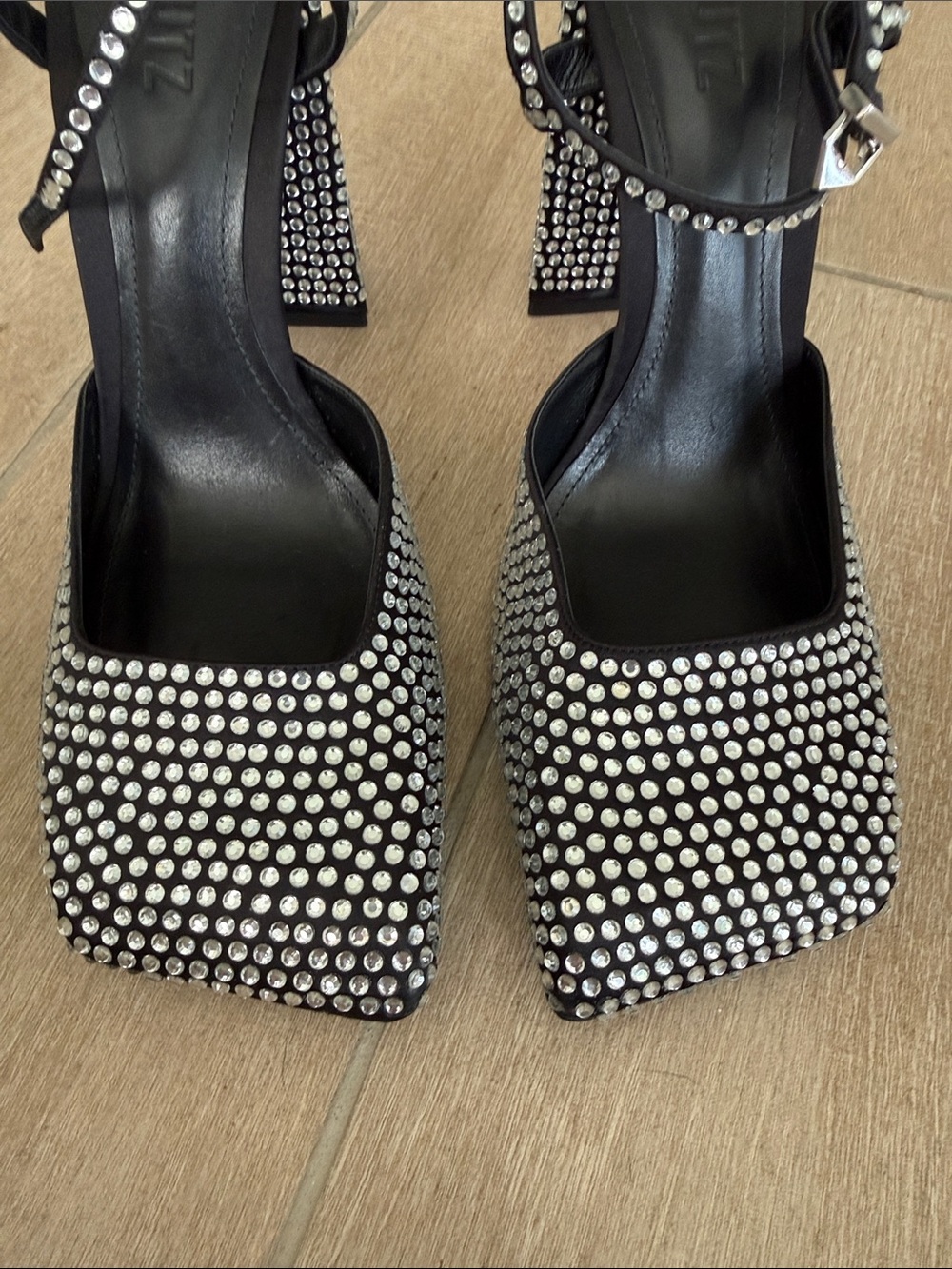 SCHUTZ Black Rhinestone Square-Toe Slingback Heels 10 Jaycie - Picture 6 of 12